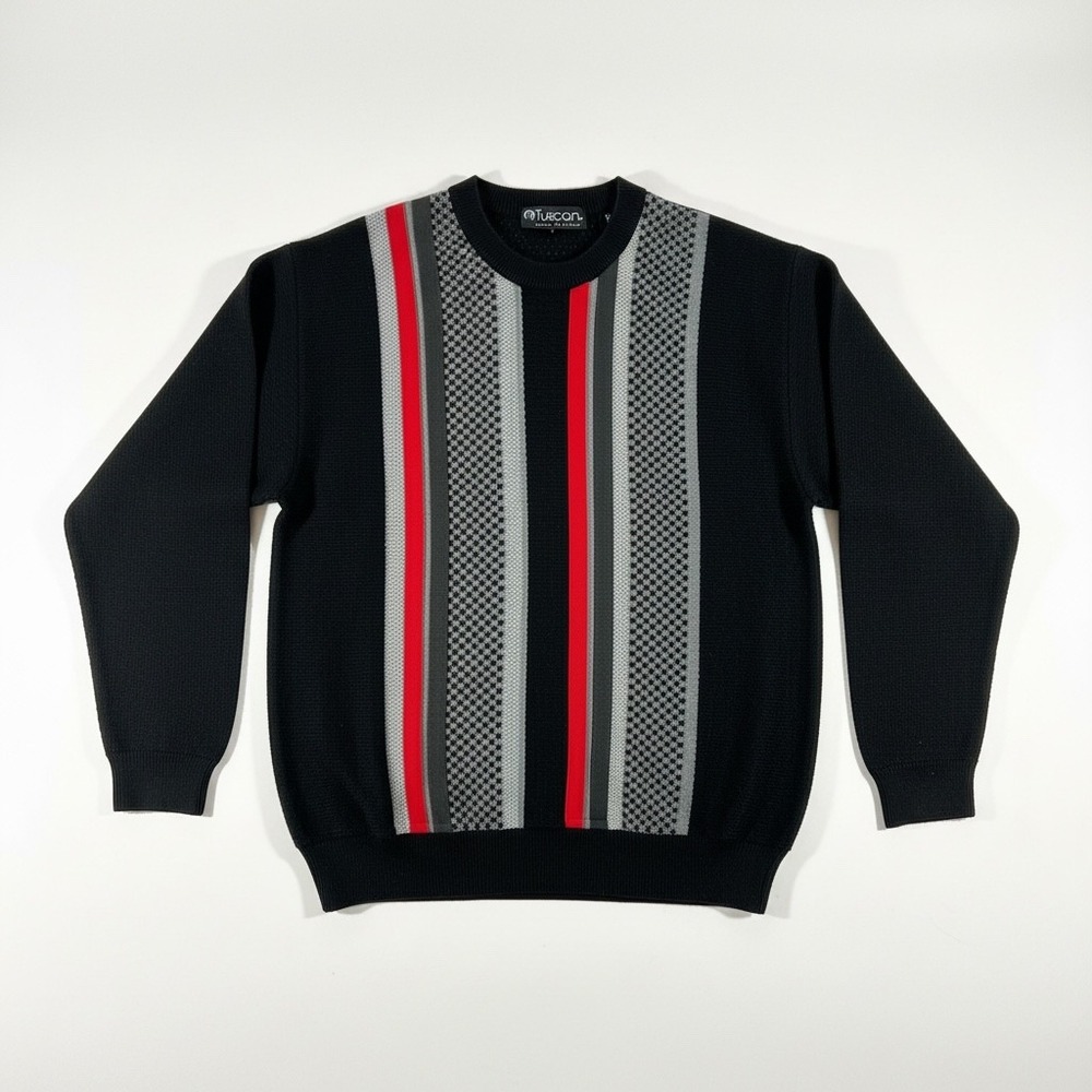 Tuscan Sweater Mens XL Black Excellent Merino Wool Blend Striped Made in Italy